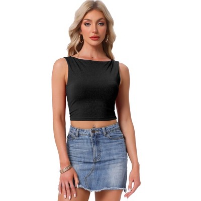 INSPIRE CHIC Women's Crew Neck Sleeveless Metallic Tweed Cropped Tank Top