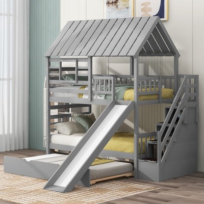 NicBex Twin over Twin Bunk Bed with Storage Stair Classic House Shape Triple Bed Frame Loft Bed with Guardrails, Slide and Scroll Wheels