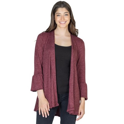 24/7 Comfort Apparel Knit Three Quarter Bell Sleeve Plus Size Open Cardigan Wine / 3X