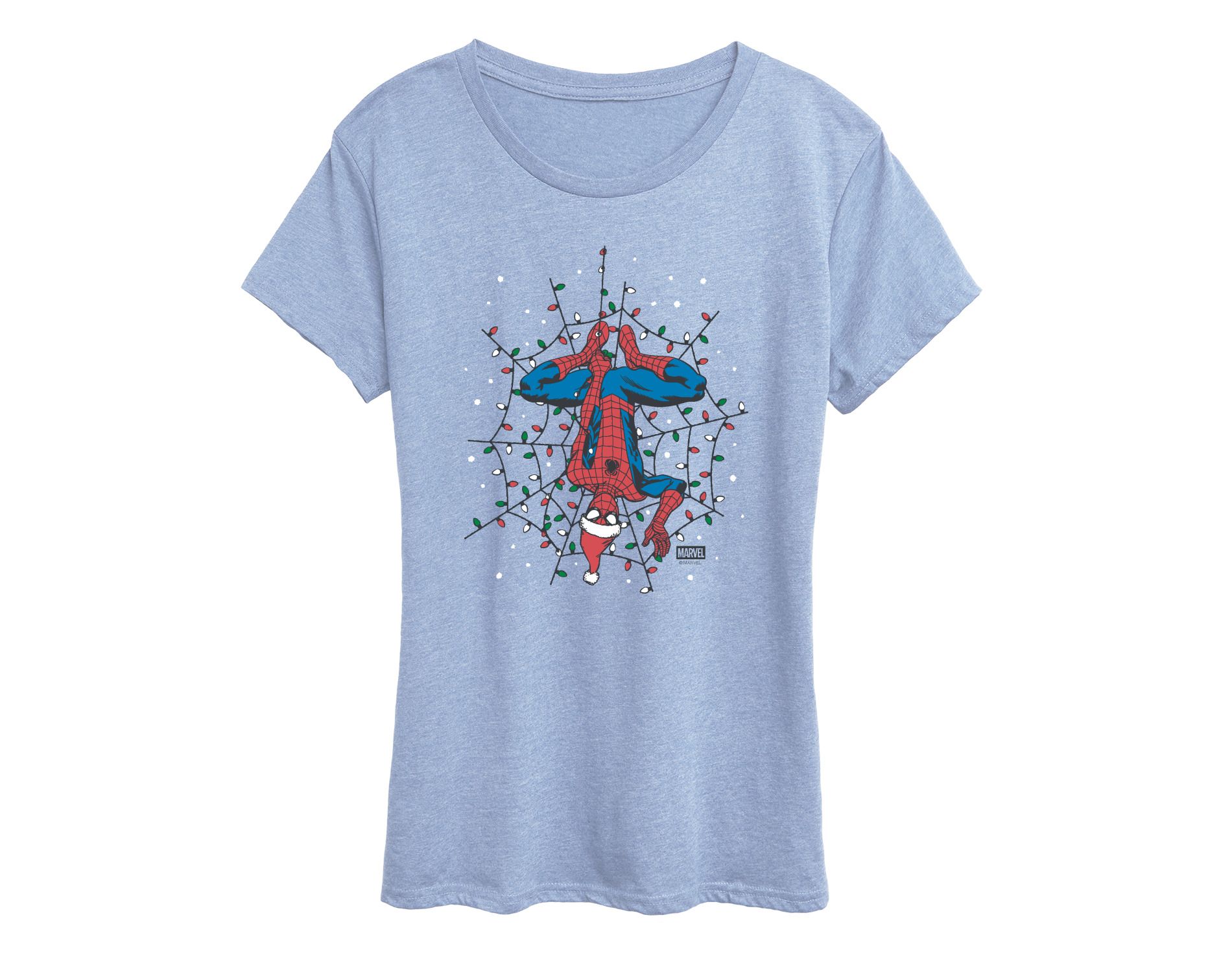 Women's Marvel Holiday Lights Spider Man Short Sleeve Graphic T-Shirt - Heather Chambray Blue - 1X
