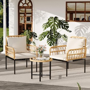 3-Piece Outdoor Patio Furniture Set with 2 Cushioned Rattan Chairs & Round Glass Coffee Table, Weather-Resistant Set for Backyard & Poolside, Beige - 1 of 4