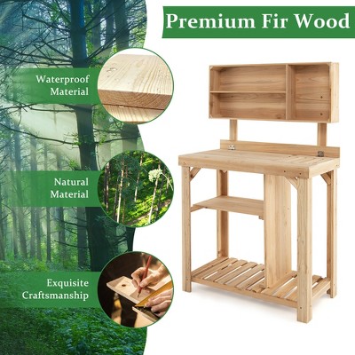Natural Fir Wood Garden Potting Bench with Storage Shelves