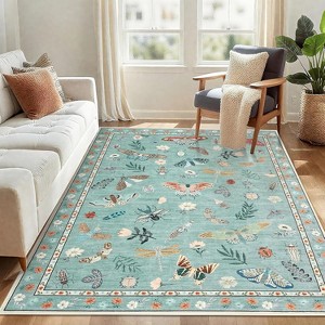 9x12 Green Washable Rug, Butterfly Floral Insect Carpet, Stain-Resistant Non-Slip Low Pile Foldable Floor Cover for Bedroom, Nursery, Apartment - 1 of 4