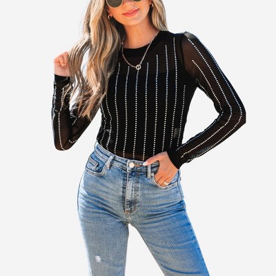 Amaryllis Women’s Sheer Mesh Rhinestone Embellished Long Sleeve Fitted Top Lightweight Sparkling