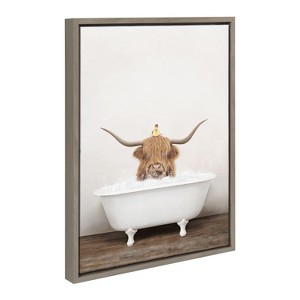 Kate and Laurel Sylvie Highland Cow and Duckling in Rustic Bath Framed Canvas by Amy Peterson Art Studio, 18x24, Gray - 1 of 4
