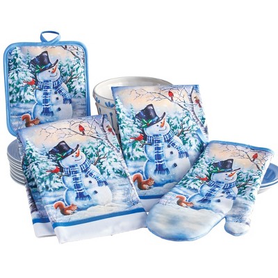 Collections Etc 4-Piece Oven Mitt Pot Holder and Hand Towels Snowman Kitchen Set Blue