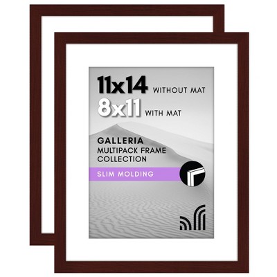 Americanflat 11x14 Picture Frame with Polished Plexiglass - Set of 2 - Use as 8x11 Frame with Mat or Display 11x14 Photo Without Mat - Mahogany