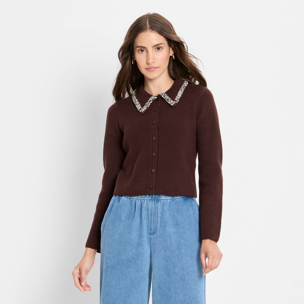 Women's Embellished Collar Cardigan Sweater - Future Collective Dark Brown M