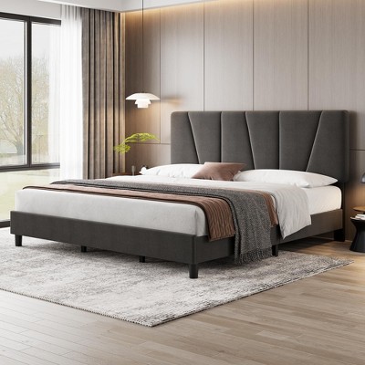Twin Size Bed Frame with Headboard Adjustable, Linen Upholstered Twin Platform Bed with Headboard