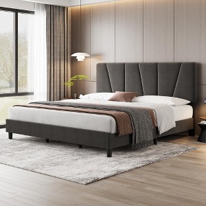 Twin Size Bed Frame with Headboard Adjustable, Linen Upholstered Twin Platform Bed with Headboard - 1 of 4