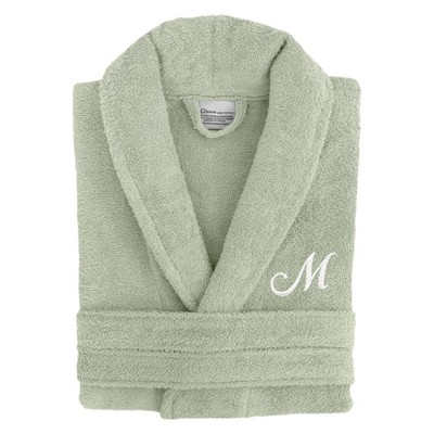 Linum Home Textiles 100% Turkish Cotton Unisex Personalized Terry Bathrobe Green in White Script Font