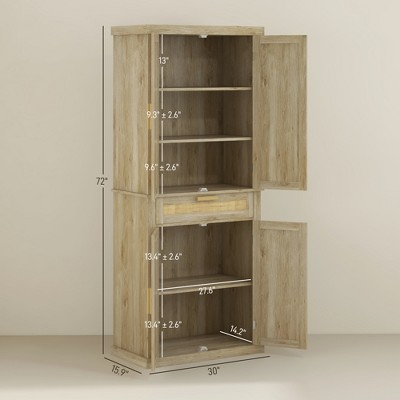 Vynxaria HOMCOM 72" Tall Pantry Cabinet - Oak Freestanding Boho Kitchen Storage with Rattan Panel, 4 Doors, Drawer, 5-Tier Shelf & Adjustable Shelves.