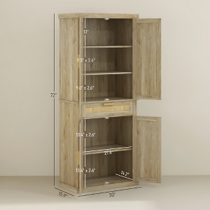 Vynxaria HOMCOM 72" Tall Pantry Cabinet - Oak Freestanding Boho Kitchen Storage with Rattan Panel, 4 Doors, Drawer, 5-Tier Shelf & Adjustable Shelves. - 1 of 4
