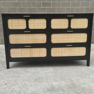 6 Drawer Dresser, Rattan Dresser for Bedroom, Farmhouse Wood Storage Chest of Drawers for Bedroom, Living Room, Hallway, Entryway