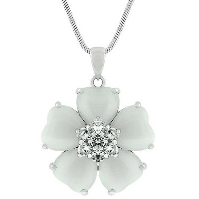 ShineHigh White Cat's Eye Flower Pendant Necklace – Heart-Shaped Petals with Cubic Zirconia Center and Rhodium-Plated Finish on Snake Chain