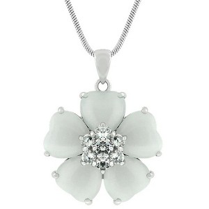 ShineHigh White Cat's Eye Flower Pendant Necklace – Heart-Shaped Petals with Cubic Zirconia Center and Rhodium-Plated Finish on Snake Chain - 1 of 1