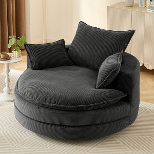57.5'' Corduroy Oversized Swivel Upholstered Round Chair with Dual-Layer Cushion, Deep Seat and 3 Removable Pillows - 1 of 4