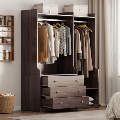 Open Wooden Armoire with 3 Drawers, Wardrobe Closet Storage Cabinet with Hang Racks for Bedroom - ModernLuxe