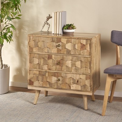 Poppy Mid-Century Mango Wood 3-Drawer Chest with 3D Weave