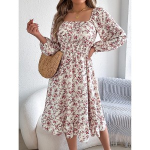 Coolmee Women Long Sleeve Square Neck Dress Casual Floral A Line Flowy Midi Dresses High Waist - 1 of 4