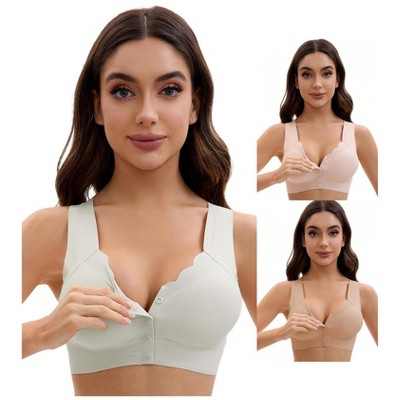 INSPIRE CHIC Women's Front Closure Full Coverage Bra Wirefree Wave Trim U Back Soft Bras 3 Packs