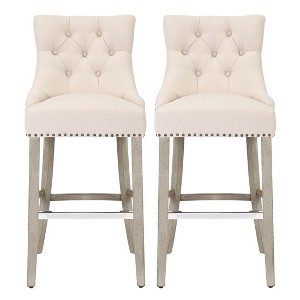 WestinTrends 29" Linen Tufted Buttons Upholstered Wingback Bar Stool (Set of 2) - 1 of 4