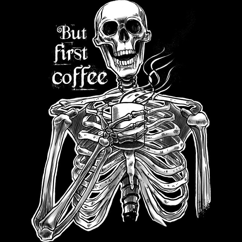 Junior's Design By Humans Halloween skeleton drinking coffee. But first coffee By melazergDesign T-Shirt, 2 of 3
