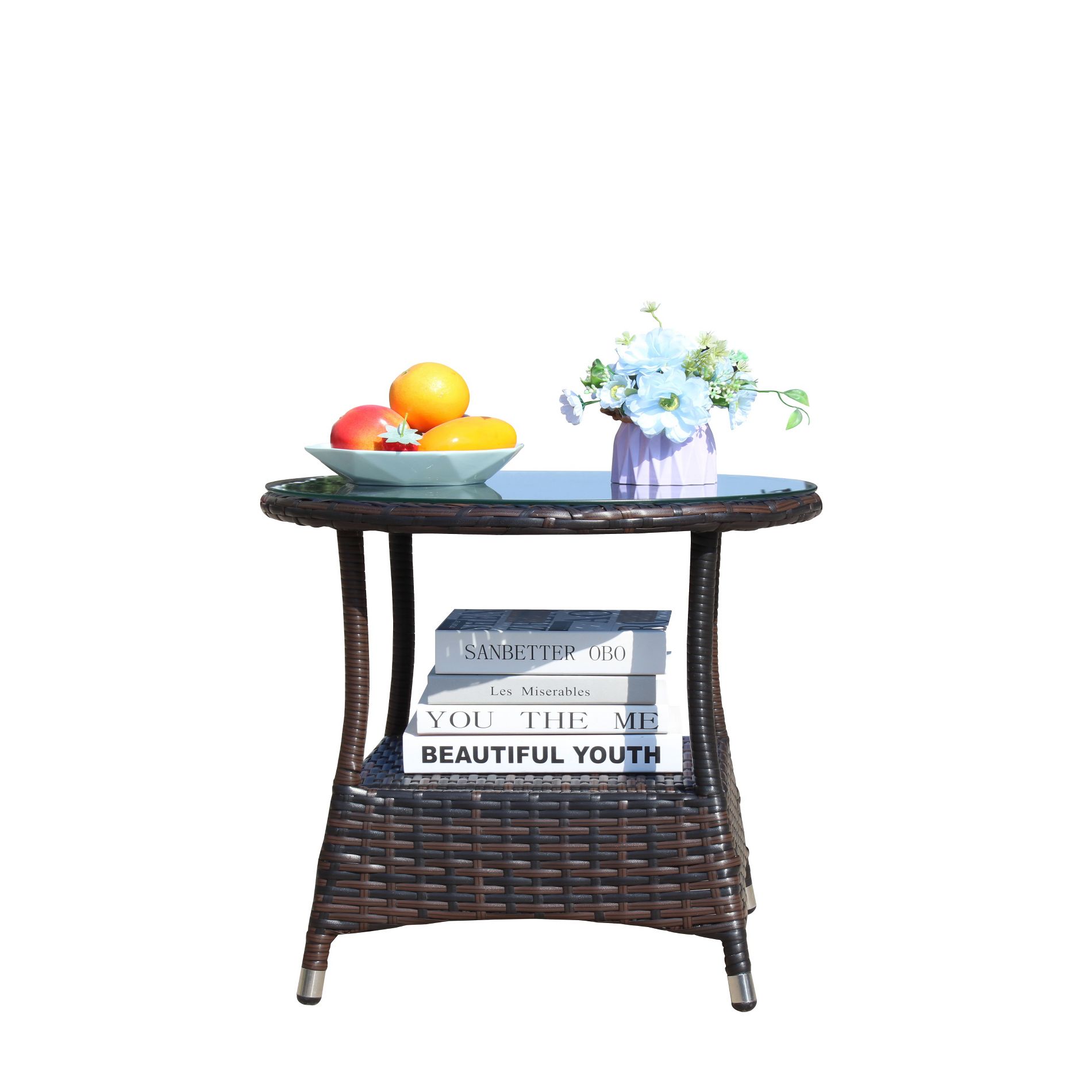 GDFStudio Kale Outdoor Round Rattan and Iron Coffee Table with Tempered Glass Top, Brown