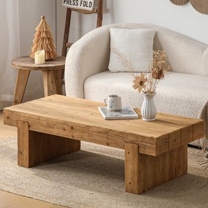 47.6" Farmhouse Coffee Table, Rustic Rectangular Low Profile Cocktail Table, Solid Wood Accent Table, Natural Wood - ModernLuxe - 1 of 4