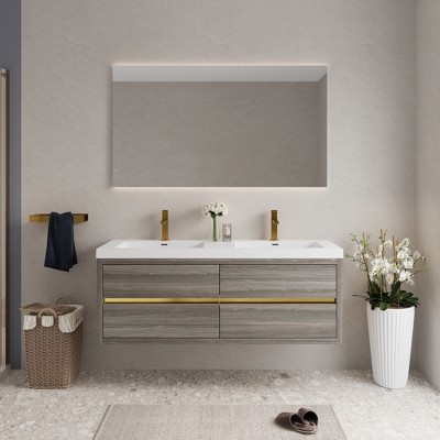 Whisen Pre-Assembled Floating Wall-Mounted Bathroom Vanity with Stone Resin Sink, U-Shaped Storage Drawers