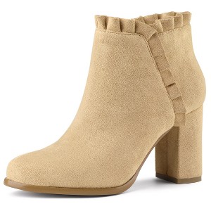 BLISSFUL STEP Women's Back to College Party Ruffle Pointed Toe Block Heel Ankle Boots - 1 of 4