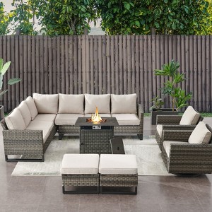 Buenhomino 8 Pieces Outdoor Patio Furniture Set with Fire Pit,L-Shaped Modular Sectional Couches with Swivel Patio Chairs,Wicker Conversation Set - 1 of 4