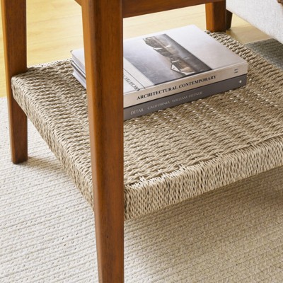 SKRAN 47.25" Mid-Century Coffee Table with Woven Shelf,Boho Rattan Coffee Table with Storage,Farmhouse Wood Low Rectangle Table for Living Room,Walnut