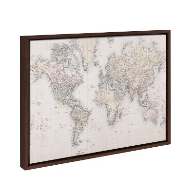 Vintage World Map Framed Canvas Print in Brown