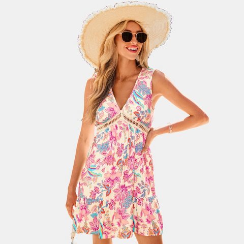 Женские платья Cupshe Women's V-Neck Sleeveless Boho Floral Mini Dress with Crochet Trim-L-Pink