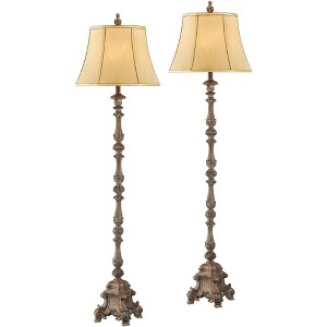 Regency Hill French Traditional Country 62" Tall Standing Floor Lamps Set of 2 Lights Candlestick Brown Beige Faux Wood Finish Living Room Bedroom - 1 of 4