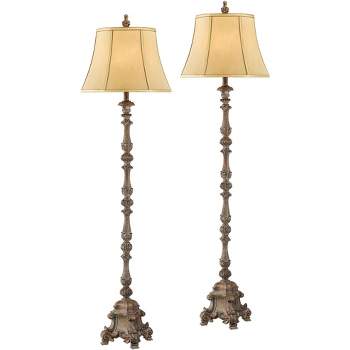 Regency Hill French Traditional Country 62" Tall Standing Floor Lamps Set of 2 Lights Candlestick Brown Beige Faux Wood Finish Living Room Bedroom