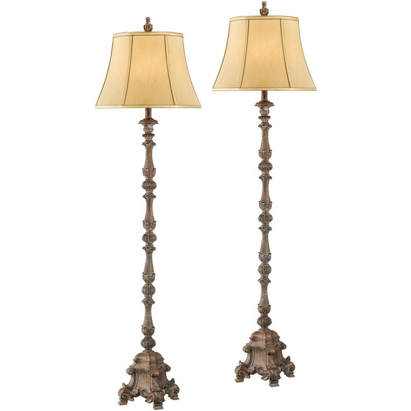Regency Hill French Traditional Country 62" Tall Standing Floor Lamps Set of 2 Lights Candlestick Brown Beige Faux Wood Finish Living Room Bedroom, 1 of 8