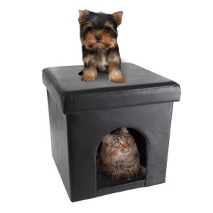 Cat House – Collapsible Multipurpose Small Dog or Cat Ottoman with Footrest, Cushioned Top, and Interior Pillow by PETMAKER (Black) - 1 of 4