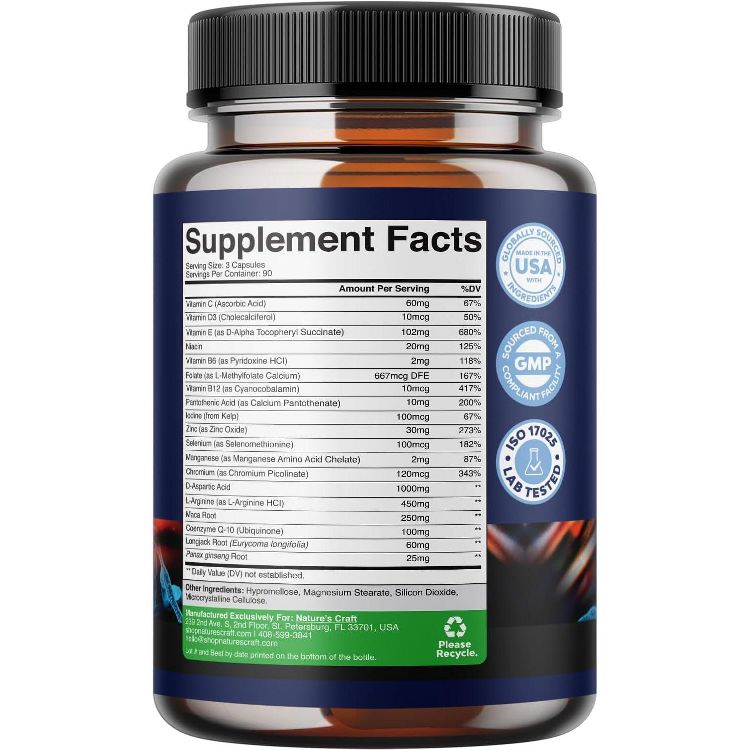 Men's Fertility Capsules, CoQ10 Maca Root Methyl Folate & D-Aspartic Acid for Enhanced Count Motility & Fertility Support, Nature's Craft, 270 ct, 3 of 6