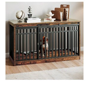 55 Inch Large Dog Crate Furniture Style Heavy Duty Wooden Dog Kennel TV Stand With 2 Dog Bowls with Sliding Barn Door Design - 1 of 4