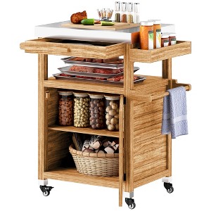 Outsunny Outdoor Grill Cart with Wheels and Storage Cabinet, Solid Wood Outdoor Kitchen Island with Stainless Steel Top, Drawer, Side Handle, Brown - 1 of 4