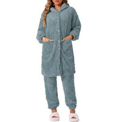 INSPIRE CHIC Women's Flannel Winter Button Up Long Hoodies with Pockets Matching Long Pants Pajama Sets  2 Pcs