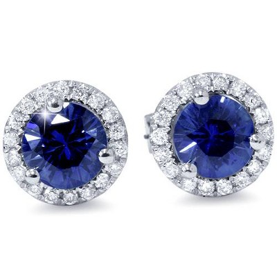 Pompeii3 1 ct Blue Sapphire Diamond Halo Studs Earrings 10k White Gold