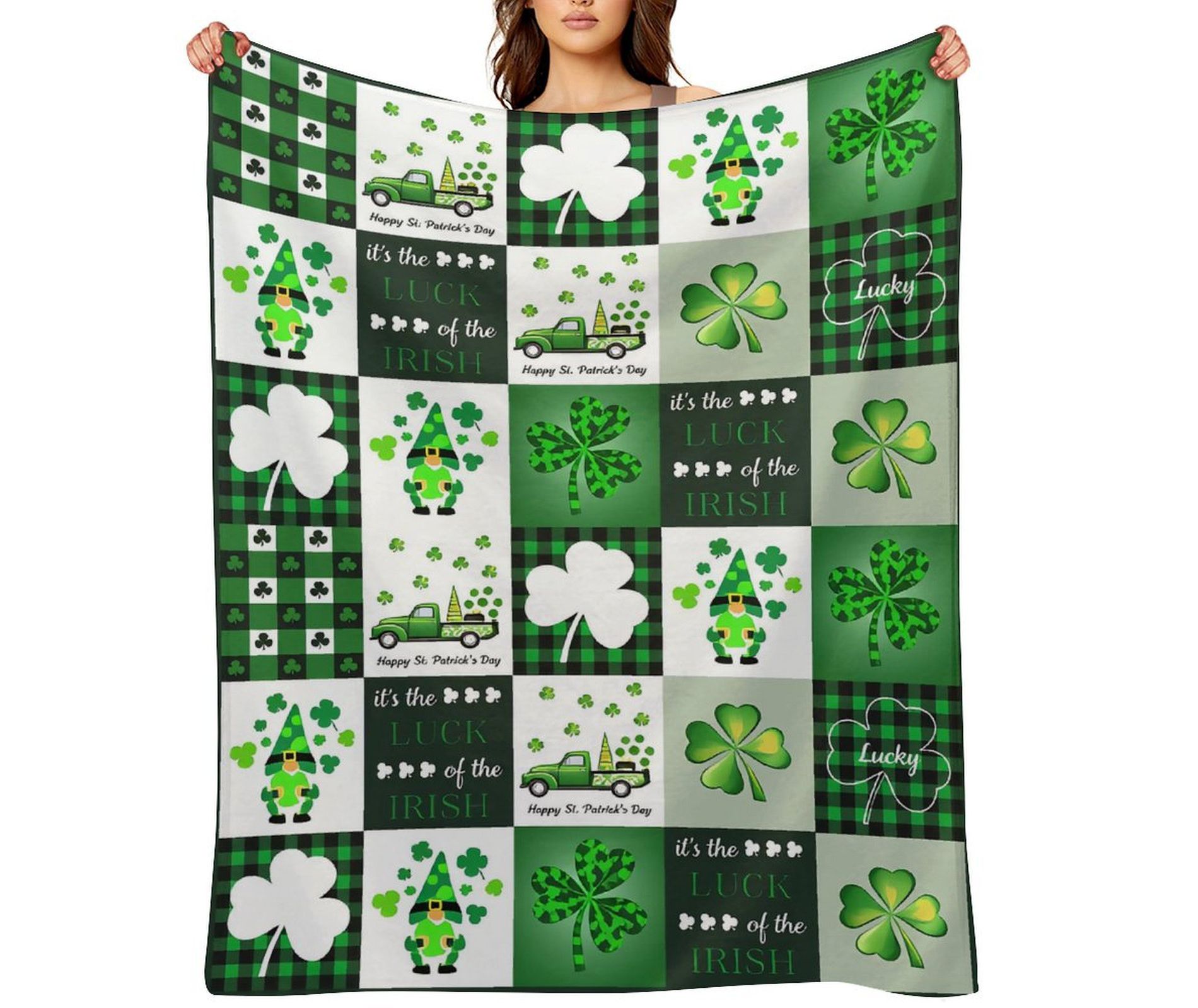 St. Patrick's Day Throw Blanket Lucky Clover Shamrock Gnome Truck Green Buffalo Check Plaid Throw Blankets Cozy Flannel Blanket 30x40 inches