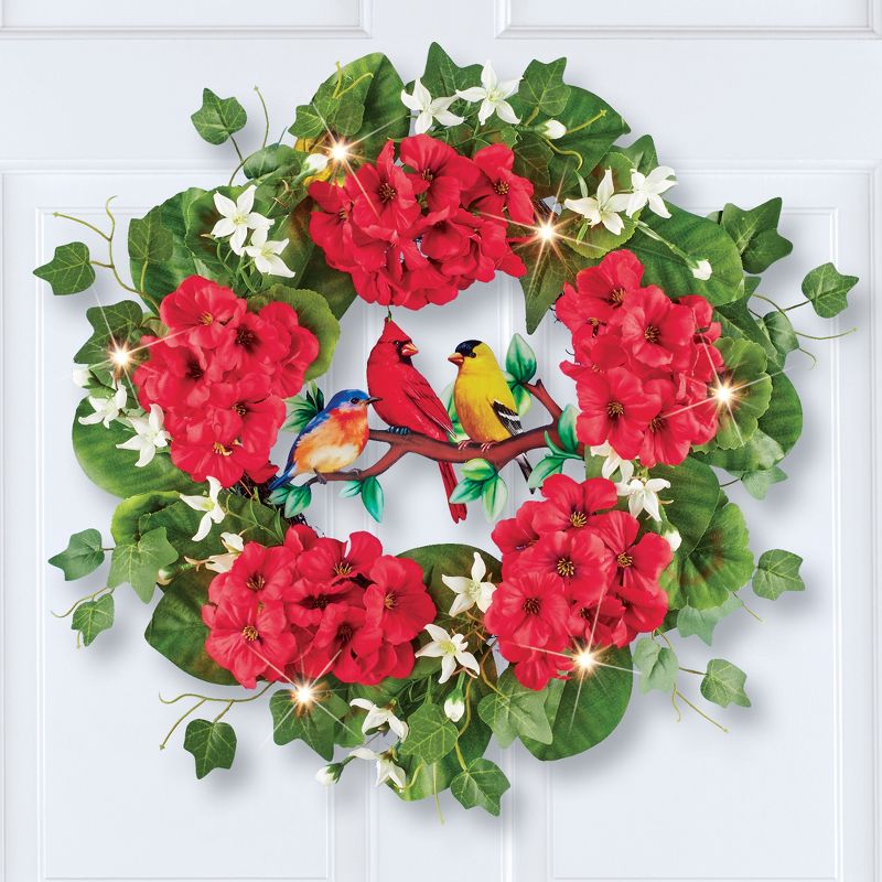 Collections Etc LED Lighted Bird Branch and Red Geraniums Wreath, 2 of 3