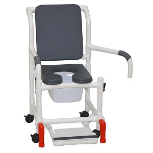 MJM International Corporation Shower Chair 18 In Width 3 In Seat Cushion Padded Back Dual Arms Sliding Footrest 10 Qt Slide Mode Pail Front 300 Lb Wt - 1 of 1