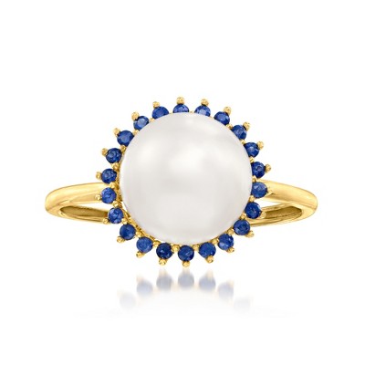 Ross-Simons 9-9.5mm Cultured Pearl and .20 ct. t.w. Sapphire Halo Ring in 14kt Yellow Gold