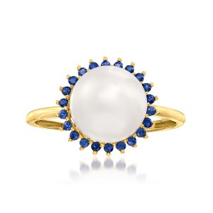 Ross-Simons 9-9.5mm Cultured Pearl and .20 ct. t.w. Sapphire Halo Ring in 14kt Yellow Gold - 1 of 4