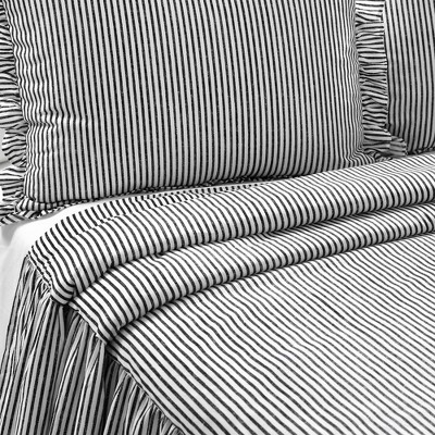 Black Twin Polyester Ticking Stripe Bedspread with Ruffled Edges
